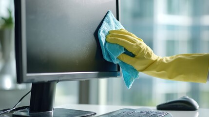 A person cleans a computer monitor with a blue cloth while wearing yellow gloves, demonstrating attention to cleanliness and workplace hygiene.