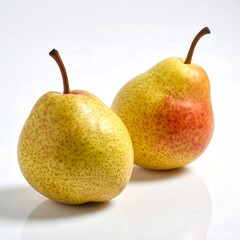 Two ripe pears, golden skin, subtly speckled, sit on a reflective surface