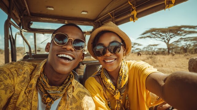 A joyful couple takes a selfie in a safari vehicle, surrounded by nature, showcasing their vibrant outfits and playful spirit.