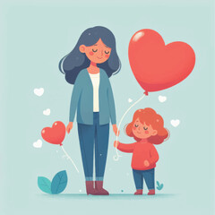 Mother and daughter holding heart balloons celebrating love and family bond.