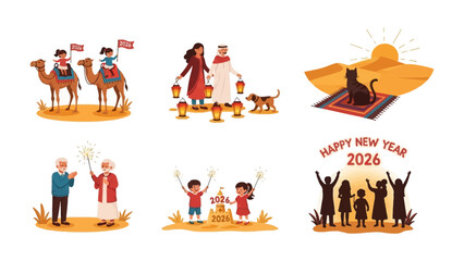 Desert Holiday Journey: This image shows a collection of illustrations depicting a desert holiday journey. Scenes include children riding camels, a family walking.