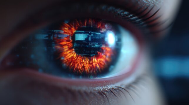 A close-up of a futuristic eye with a glowing, fiery iris that reflects digital data and technology, suggesting a blend of humanity and advanced tech.