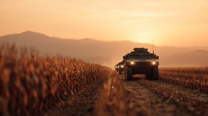Fototapeta premium A convoy of armored vehicles travels through a cornfield at sunset, surrounded by mountains in the background, creating a striking contrast between nature and military presence.