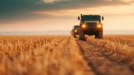 Obraz premium A row of agricultural vehicles driving through golden fields at sunset, highlighting modern farming practices and technology.