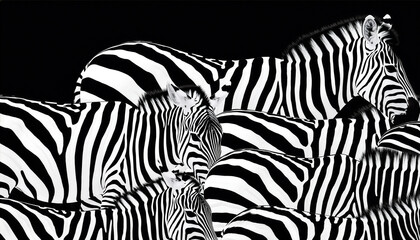 Obraz premium Monochrome wildlife portrait of a group of zebras, their intricate stripe patterns merging into a captivating optical illusion of natural art
