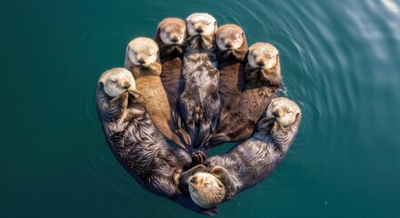 Cute Sea Otters Floating in a Circle, Adorable Marine Animals in Tranquil Water Setting