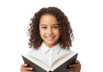 Young african american girl with curly hair smiling while holding an open book isolated on transparent background