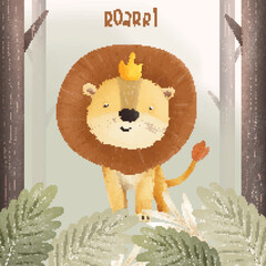 Cute Animal Lion with background forest