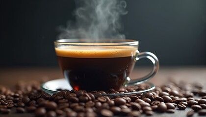 Clear glass cup with hot black coffee, topped with foam and steam. Coffee beans surround the saucer on a wooden surface. Invigorating morning drink.