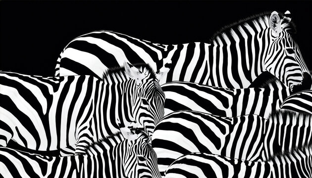 Monochrome wildlife portrait of a group of zebras, their intricate stripe patterns merging into a captivating optical illusion of natural art