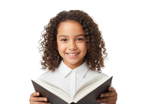 Young african american girl with curly hair smiling while holding an open book isolated on transparent background - Powered by Adobe