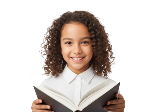 Young african american girl with curly hair smiling while holding an open book isolated on transparent background