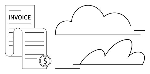 Invoice and receipt with dollar icon combined with abstract cloud shapes suggest digital storage, billing, payments, or financial management. Ideal for fintech, cloud technology, e-commerce