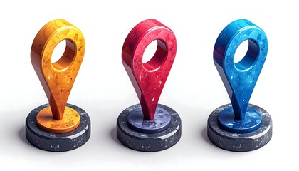 Three colorful location markers with marble bases against a white backdrop