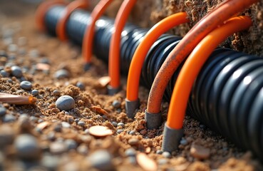 Orange fiber optic cables, district heating pipelines laid underground. Construction work on new infrastructure involves digging trenches, connecting utilities. Modern tech for city communication,