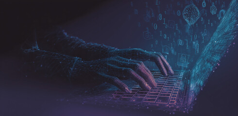 Wireframe hands typing on futuristic laptop with binary code stream effect
