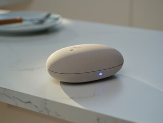 Small oval smart speaker with glowing blue light on a white surface