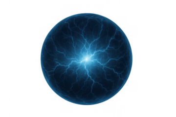 Blue energy sphere generating electrical discharges. Abstract concept of power, electricity, and futuristic technology on a transparent background
