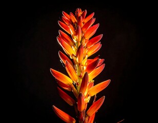 Vertical close-up of a vibrant, fiery-colored flowering succulent against black