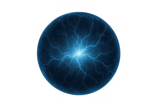 Blue energy sphere generating electrical discharges. Abstract concept of power, electricity, and futuristic technology on a transparent background