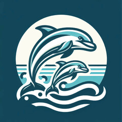 Two dolphins leaping from the ocean waves in a beautiful illustration.