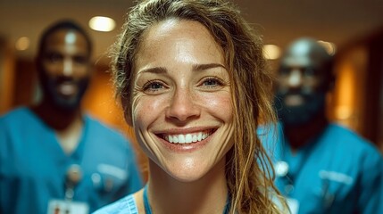 A diverse group of healthcare professionals smiling and looking towards the camera, conveying teamwork and positivity in a medical setting.