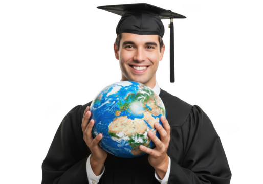 Smiling young man wearing graduation cap and gown holding a detailed planet earth globe isolated on transparent background