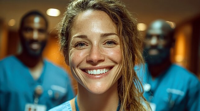 A diverse group of healthcare professionals smiling and looking towards the camera, conveying teamwork and positivity in a medical setting. - Powered by Adobe