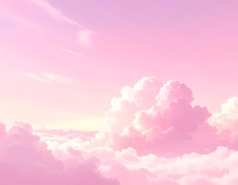 Soft, pastel sky filled with fluffy, pink clouds