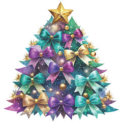 Christmas tree made entirely of colorful bows  clipart white background 