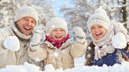 Joyful family playing in fresh snow, laughing and throwing snowballs during a fun winter day outdoors.