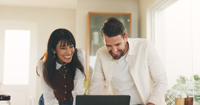 Budget, excited and laptop with couple in home together for financial freedom or investment growth. Computer, finance and smile with happy people in apartment for accounting or stock market trading