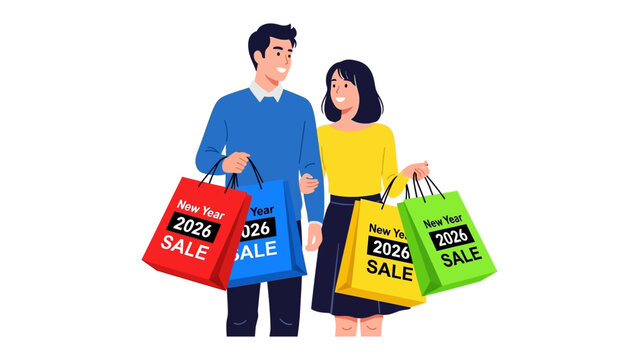 New Year Shopping Couple: A cheerful couple embarks on a shopping spree, proudly carrying vibrant shopping bags announcing the 2026 New Year Sale.