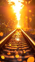 Sunlit railway disappearing in forest