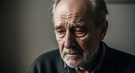 Obraz premium Portrait of a Pensive Elderly Man with Deep Wrinkles.
