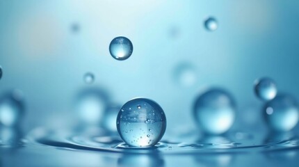 Close up of clear water droplets falling and splashing on a blue background