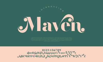 Maven alphabet font combines bold serif elegance with artistic swirls, ideal for creative branding, packaging, and editorial projects