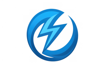 Blue lightning bolt icon symbolizing electricity, power, fast charging, and energy. Circular design on a transparent background