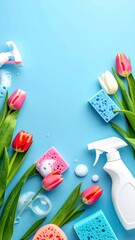 Spring cleaning theme on blue bg