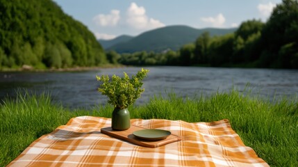 Fototapeta premium A serene picnic scene by a river, featuring a plaid blanket, a small vase of flowers, and a plate on a wooden board, with lush greenery and mountains in the background.