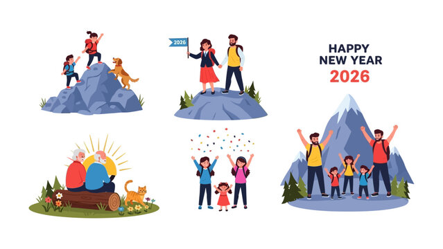 New Year's Vision 2026: A set of scenes depict the spirit of family, success, adventure, and the anticipation of a joyous new year, set against nature's beauty.