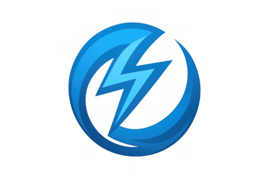 Blue lightning bolt icon symbolizing electricity, power, fast charging, and energy. Circular design on a transparent background