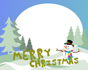 A charming, digitally illustrated Christmas card featuring a serene, snowy winter landscape under a large, likely set at night or dawn with large circle for photo drop or photo space