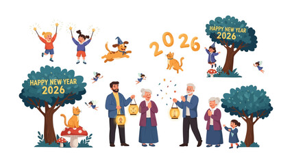 New Year 2026: Illustrations of people, pets and numbers of new year 2026, set in nature or on a plain background for holiday design or celebration, set for greeting card, advertising, poster.