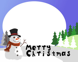 A charming, digitally illustrated Christmas card featuring a serene, snowy winter landscape under a large, likely set at night or dawn with large circle for photo drop or photo space