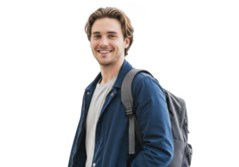 Young man with backpack smiling happily wearing a blue jacket and white t shirt isolated on transparent background