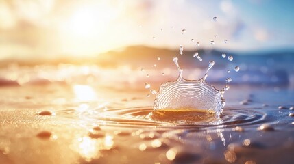 Splash of water from a child playing at the beach, creating joyful ripples under the bright sun.