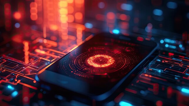 Futuristic smartphone displays intricate glowing digital interface with vibrant neon circuitry and abstract technological background, symbolizing innovation and advanced connectivity.