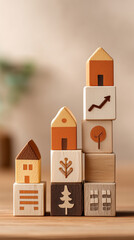 Stacked house blocks with growth chart and tree symbols reaching up