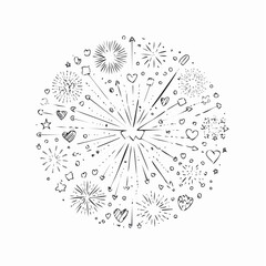 Obraz premium Sketch-style celebration graphic featuring radiating fireworks, hearts, and arrows.